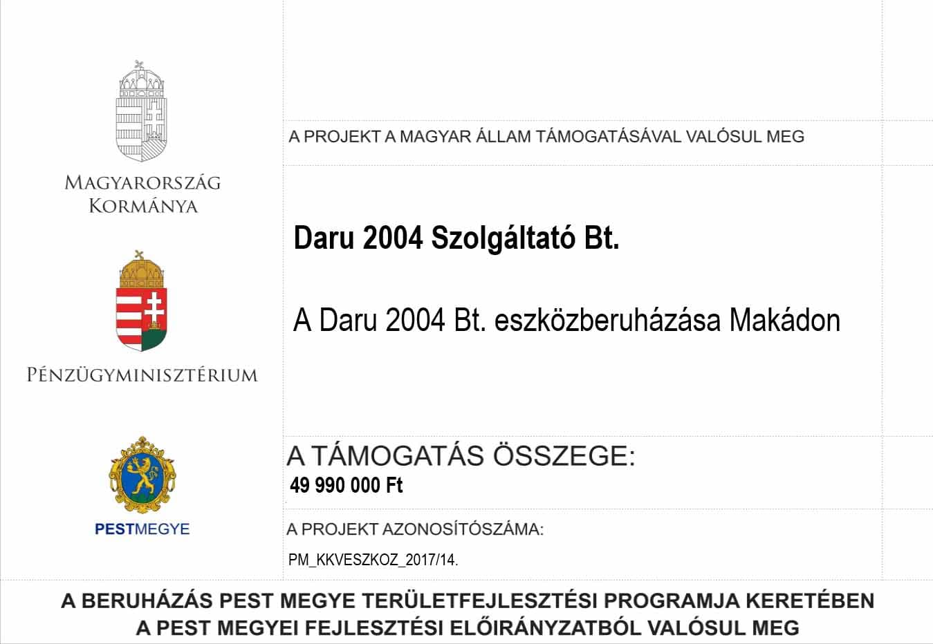 A projekt támogatási táblája: Magyarország Kormánya, Pénzügyminisztérium és Pest Megye címere, a támogatás összege és a projekt azonosítószáma